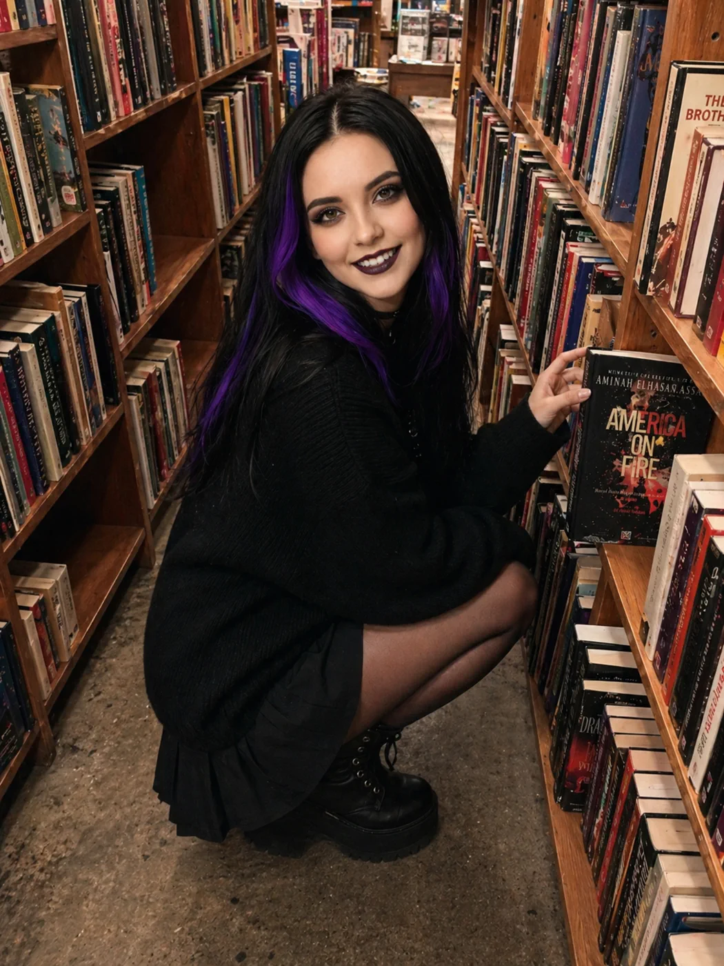 Sophia in a gothic library setting