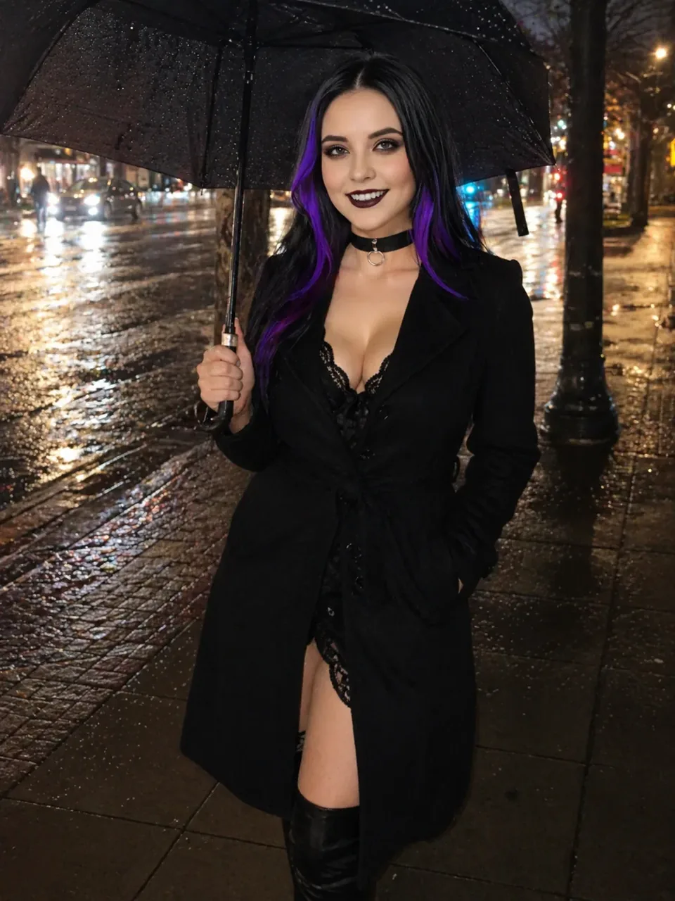 Sophia holding a black umbrella on a wet city street at night.