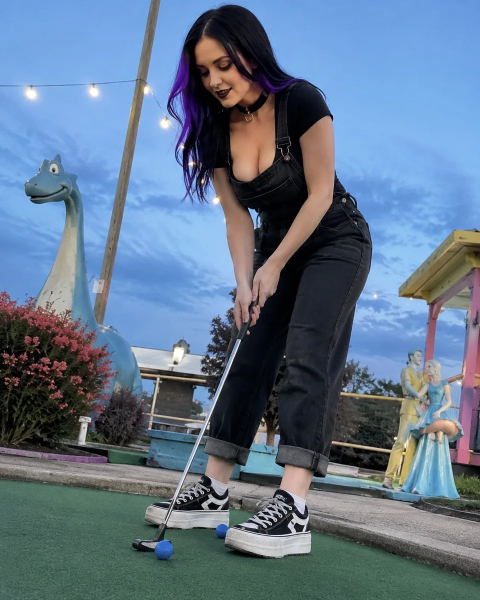 Sophia lining up a putt on a miniature golf course.