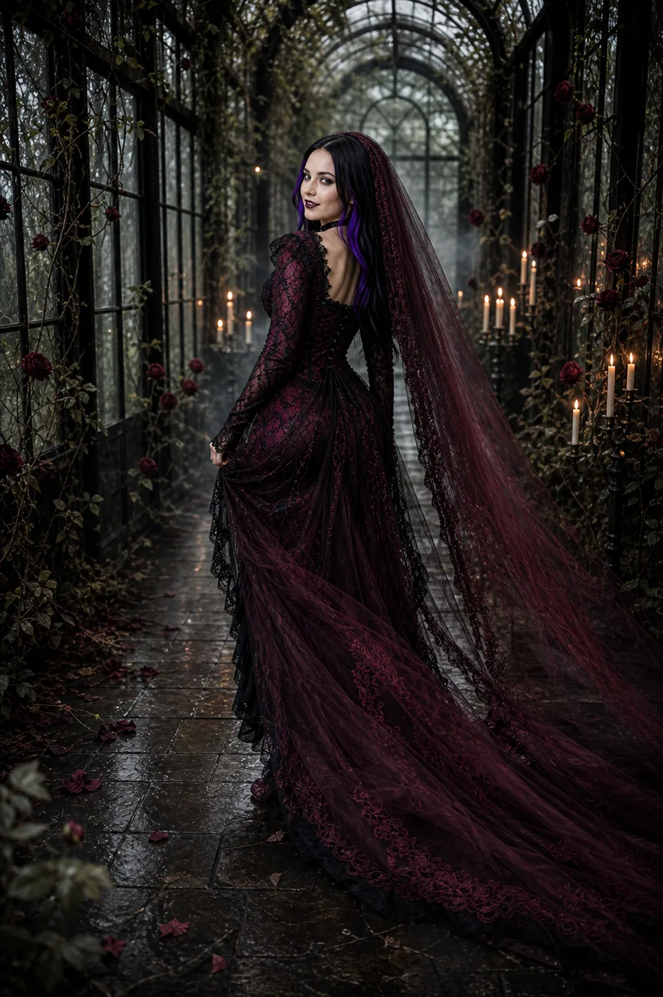 Sophia in a flowing burgundy gown beneath overgrown stone arches.